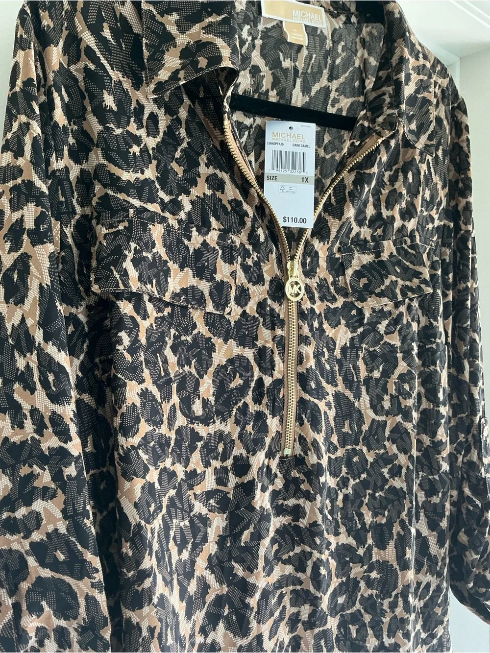 NWT Michael Kors Brown Leopard Print 3/4 Zip Women’s plus  Sz 1X